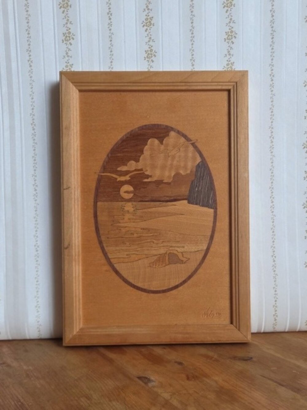 Hudson River Inlay Vintage Wood Marquetry Seashore Picture Signed 7x10